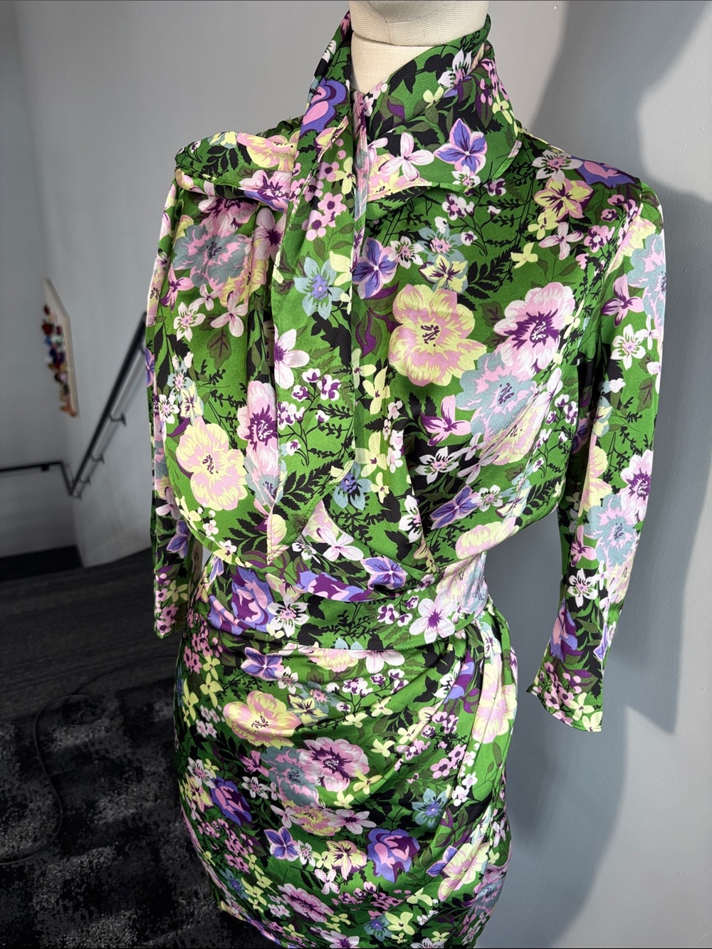 Green Floral Long-Sleeve Tie-Neck Dress